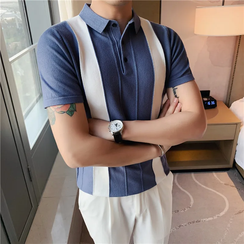 Vintage Pattern Patchwork Knit POLO Shirt Men Summer Fashion Men Short Sleeve Slim POLO Shirt Casual Button Lapel Pullover