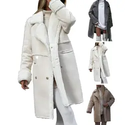 Plush Coat Women's Plush Lapel Coat with Double-breasted Pockets Mid Length Solid Color Cardigan Windproof Heat for Fall