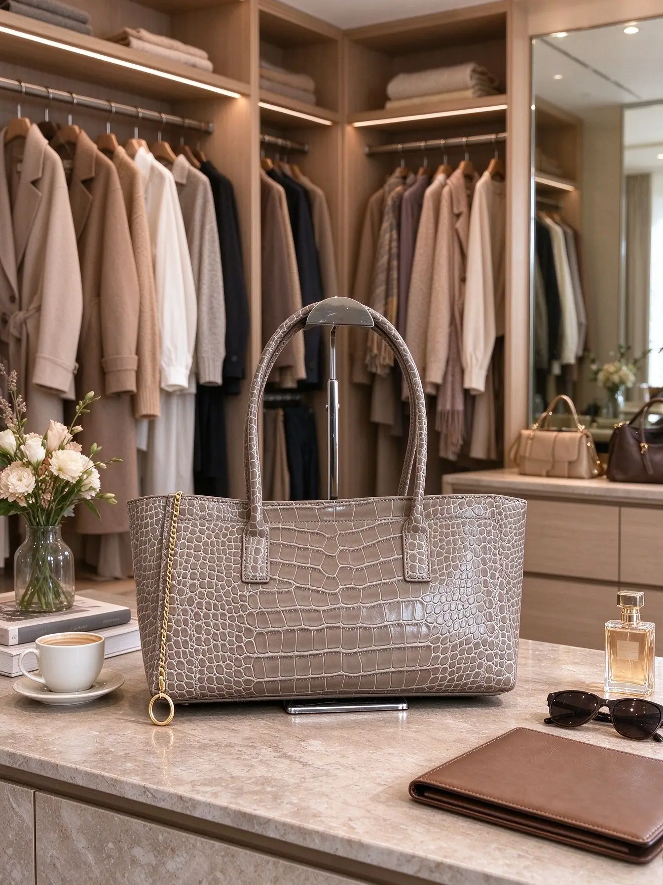 Elegant Ladies Large Croc‑Pattern Tote Bag Embossed Faux Leather Open Top Design With Metal Chain Pendant Big‑size Purse For Business Commute Travel