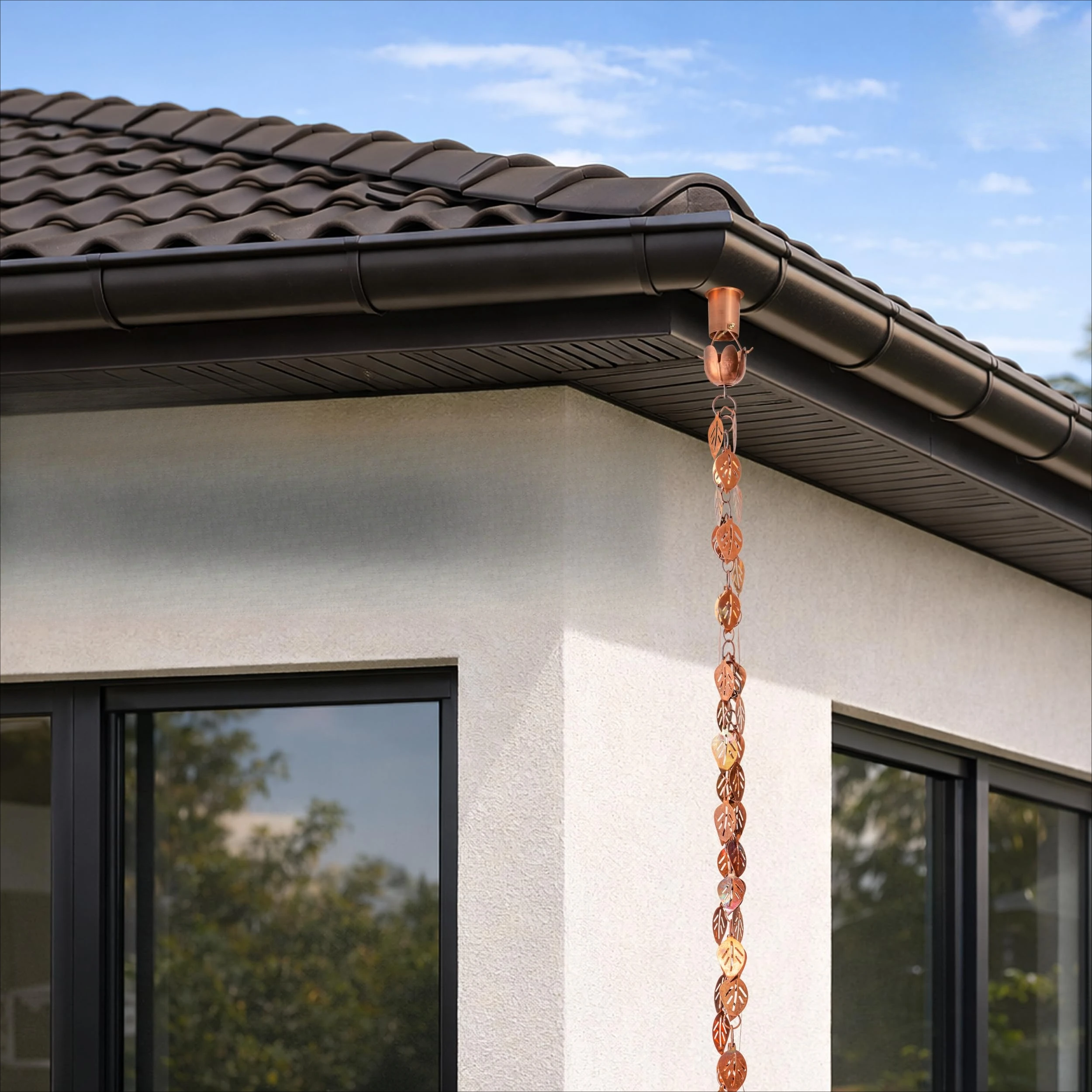 Pure Copper Cascading Leaves Decorative Rain Chains For Gutters Outdoor Weather Resistant Heavy Duty Downspout Chain Modern Patio Water Catcher Copper 8.5 Ft
