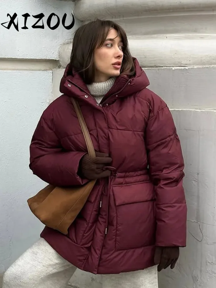 

XIZOU винно-красное пальто-пуховик с капюшоном, зимняя женская теплая куртка на молнии с завязками на талии, верхняя одежда, новинка 2023 года