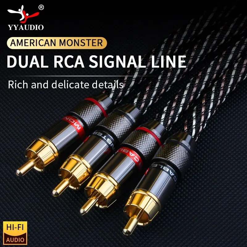 YYAUDIOHIFI 스테레오 RCA 오디오 케이블, CD 앰프용 금도금 커넥터 플러그 포함, 6N OFC 수-수 2RCA, 2RCA 오디오 케이블 