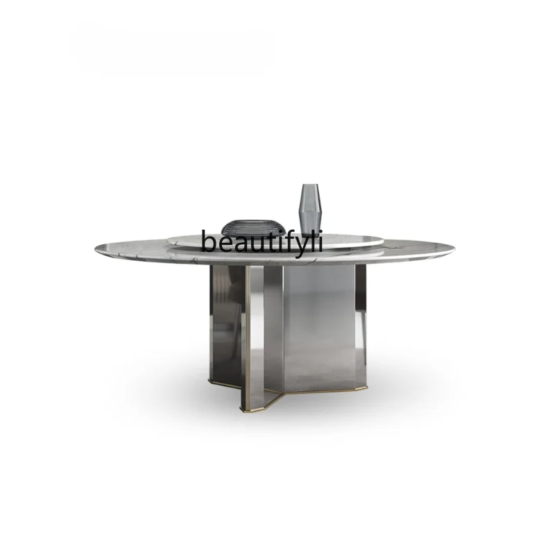 Natural Marble Dining-Table Villa Italian Minimalist round Italian Luxury Stone Dining Table and Chair Dining Table