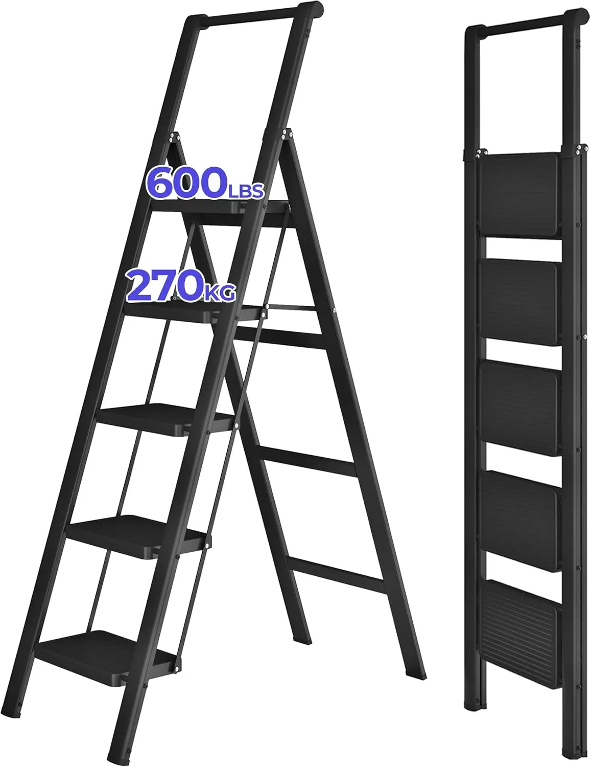 

5 Step Ladder, Foldable Step Stools for Adults with Wide Anti-Slip Pedal, 600lbs Lightweight Sturdy Steel Folding