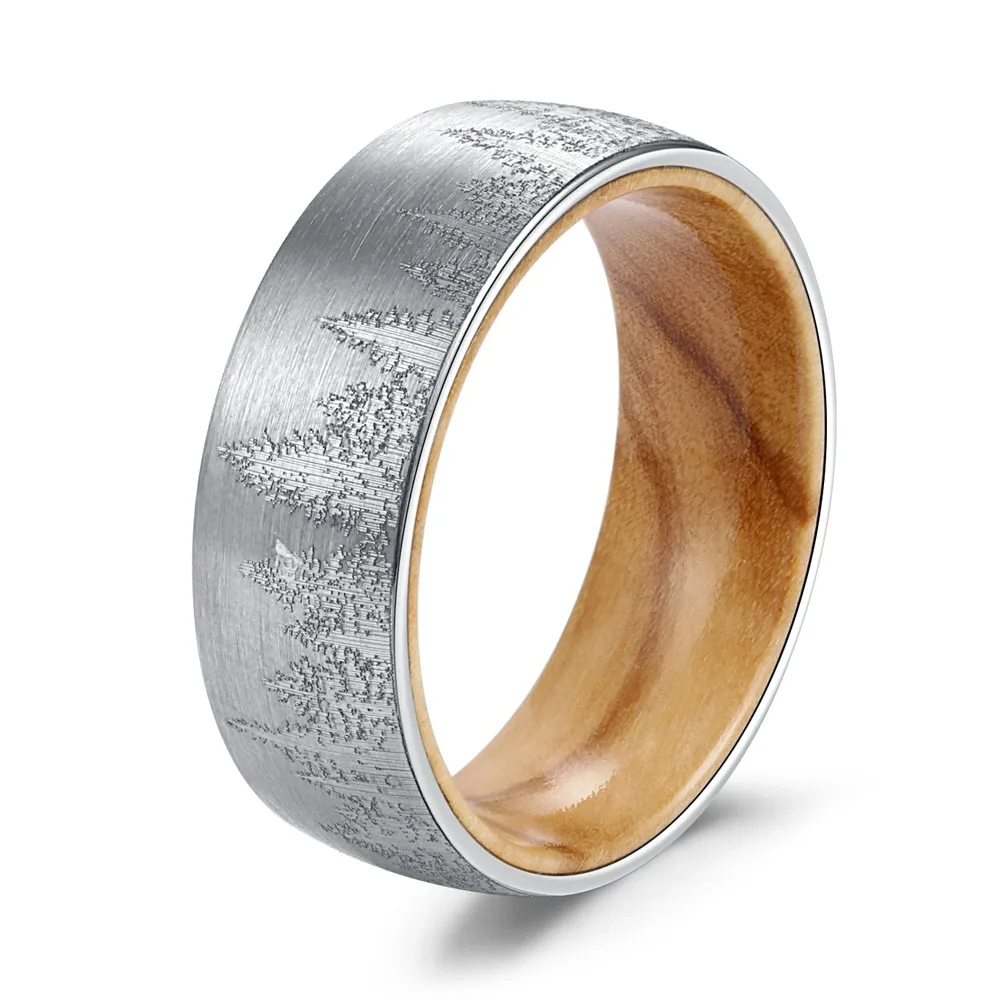 

Rings For Men Popular Models Tungsten Steel Ring 8mm Laser Forest Pattern With Solid Wood Inner Black Steel