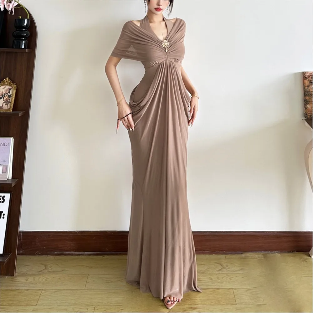 

New Mesh Spring Summer Dress Elegant Slim Fit Commuting Style Woman Clothes V-neck Backless Spliced ​​long Hip-covering Dresses