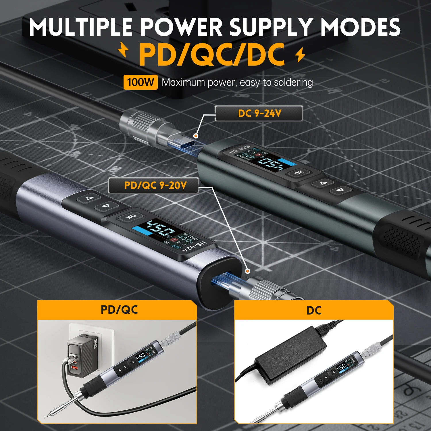 FNIRSI HS-02 Smart Electric Soldering Iron 100-450℃ Temp Adjustable PD 100W Portable Welding Rework Station Solding Irons Kit