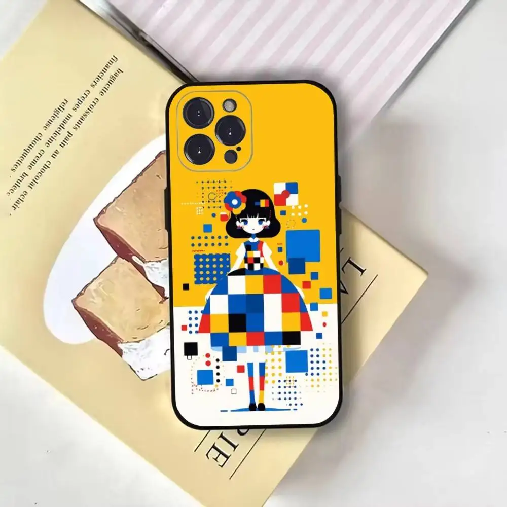 Mondriaan Kleur Vierkant Art Telefoonhoesje Voor iPhone16,15,14,13,12,11 Plus,Pro Max,XS,X,XR,SE,Mini,8,7,Zachte Zwarte Cover