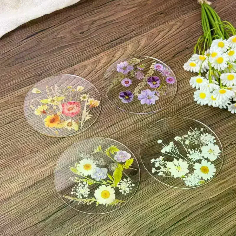 1/4PC 2D Round Colorful Printed Coasters Transparent Artistic Floral Coasters Wedding Birthday Table Decor Mother's Day Gifts