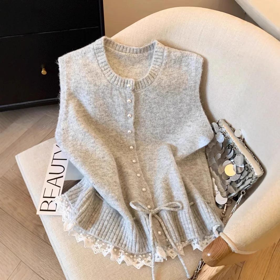 Soft Splicing Lace Up Vest Women's Spring Autumn Sweater Jacket Stacked Loose Knitted Top Ladies Waistcoat  Basicos Traf