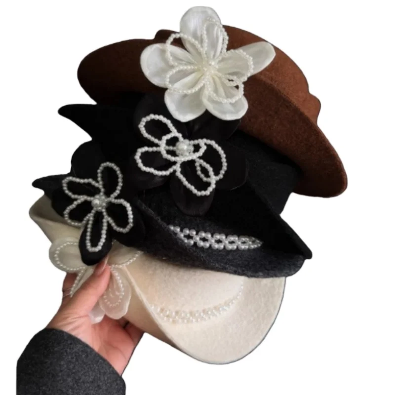 

Temperament Style Knitted Flower Top Hats Women's Elegant High-end Cap Autumn and Winter Retro Casual Basin Hat