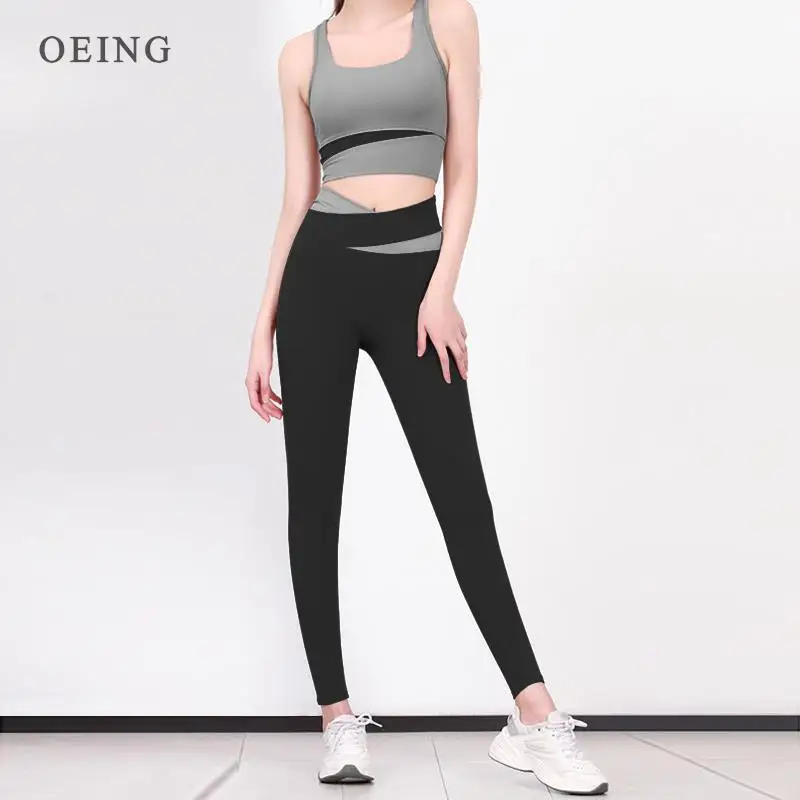 Women Yoga Pants Fashion Patchwork Color Crossover High Waist Hip Lift Abdominal Sports Leggings Gym Fitness Workout Tights