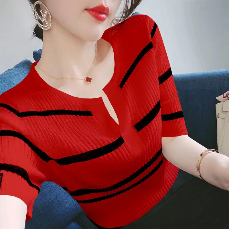 Fashion Half Open Collar Printed Striped Oversized Knitted Blouse 2022 Summer New Casual Pullovers Loose Commute Women\'s Shirt