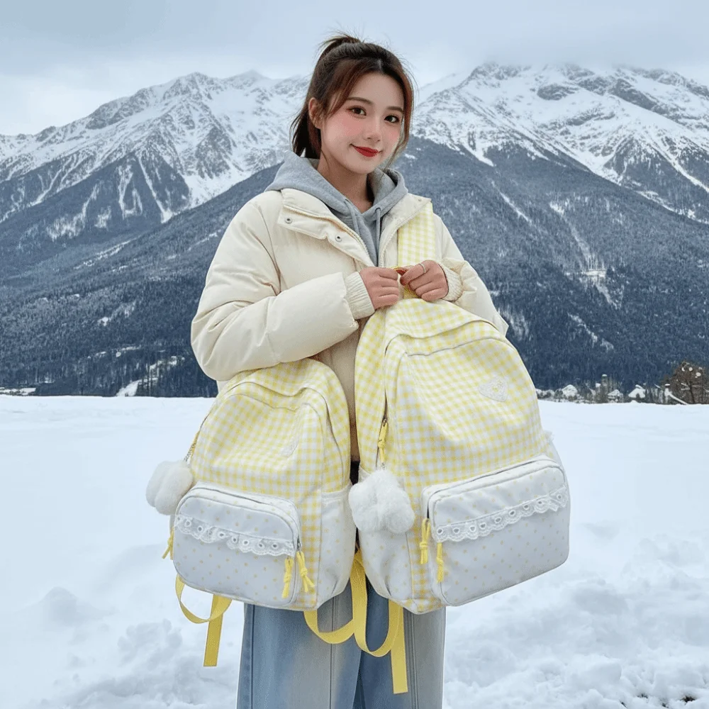 Korean Style Gingham Backpack Ruffle Design Polka Dot Lace Schoolbag Heart Embroidery Pastel Colors Plaid Daypack High Students
