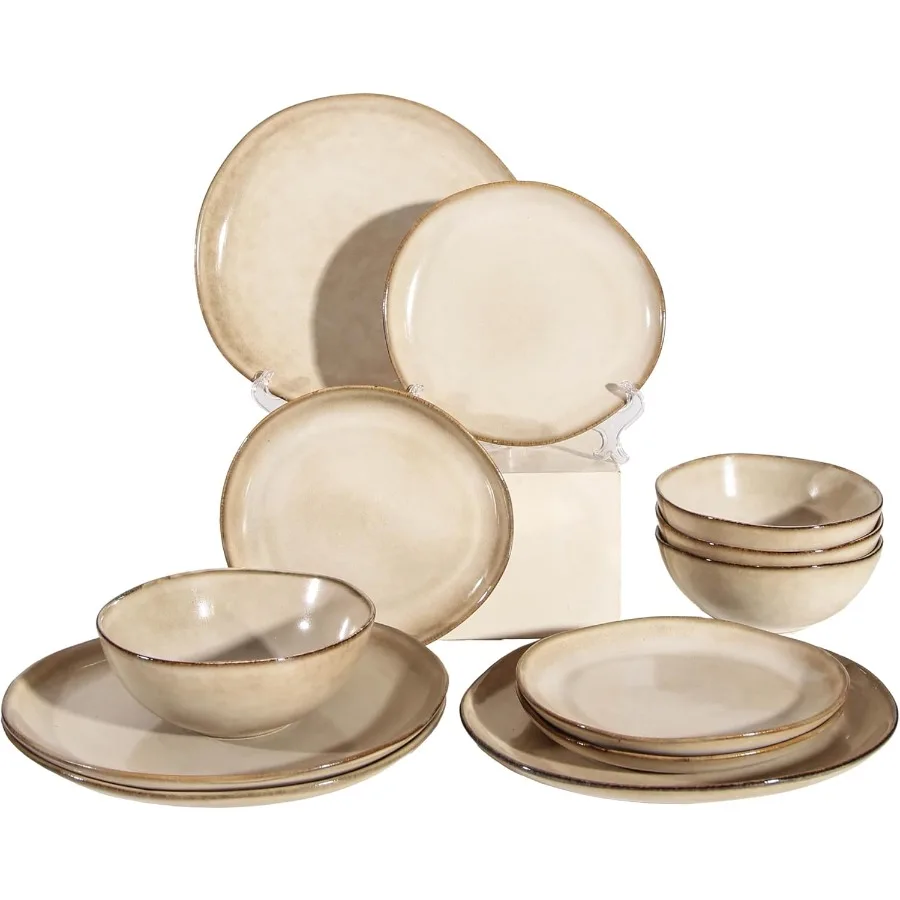 Decosignature Modern 12Piece Ceramic Dinnerware Set for 4 Microwave Dishwasher and Oven Safe Kitchen Plates and Bowls Stackable