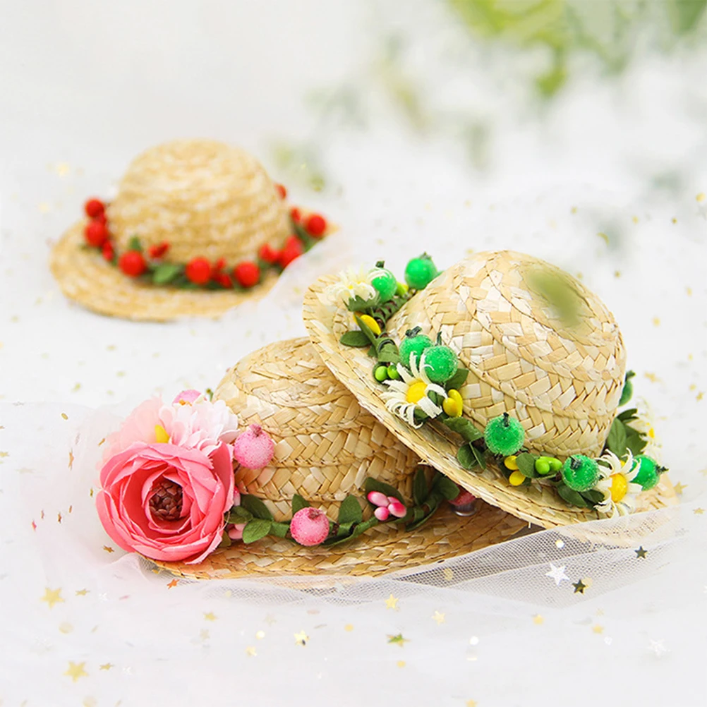 

Pet Straw Hat for Dogs Cats Small Animal Birthday Sunhat Pink Summer Accessories Woven Cap Photo Props Soft Comfortable Dog Hat