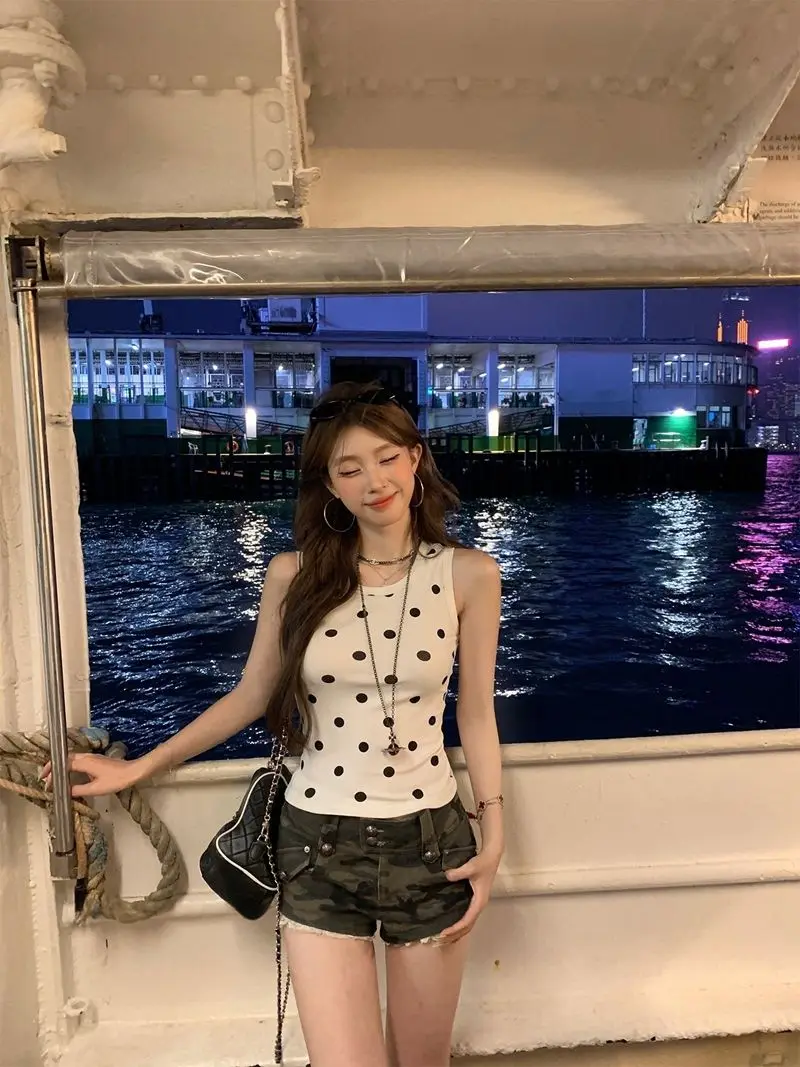 Kimotimo Polka Dot Print Vest Women American Retro Spicy Girl Slim Sleeveless Base Tops Summer Y2k Aesthetic Casual Camis Tanks