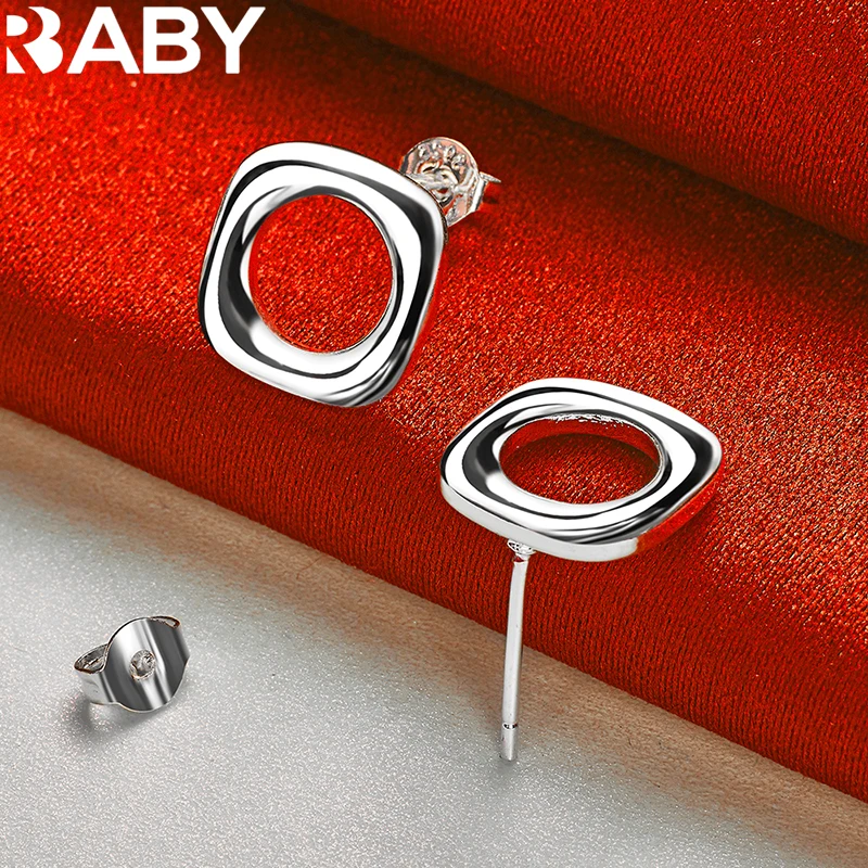 

URBABY 925 Sterling Silver Square Round Stud Earrings For Women Wedding Engagement Party Accessories Fashion Charm Jewelry