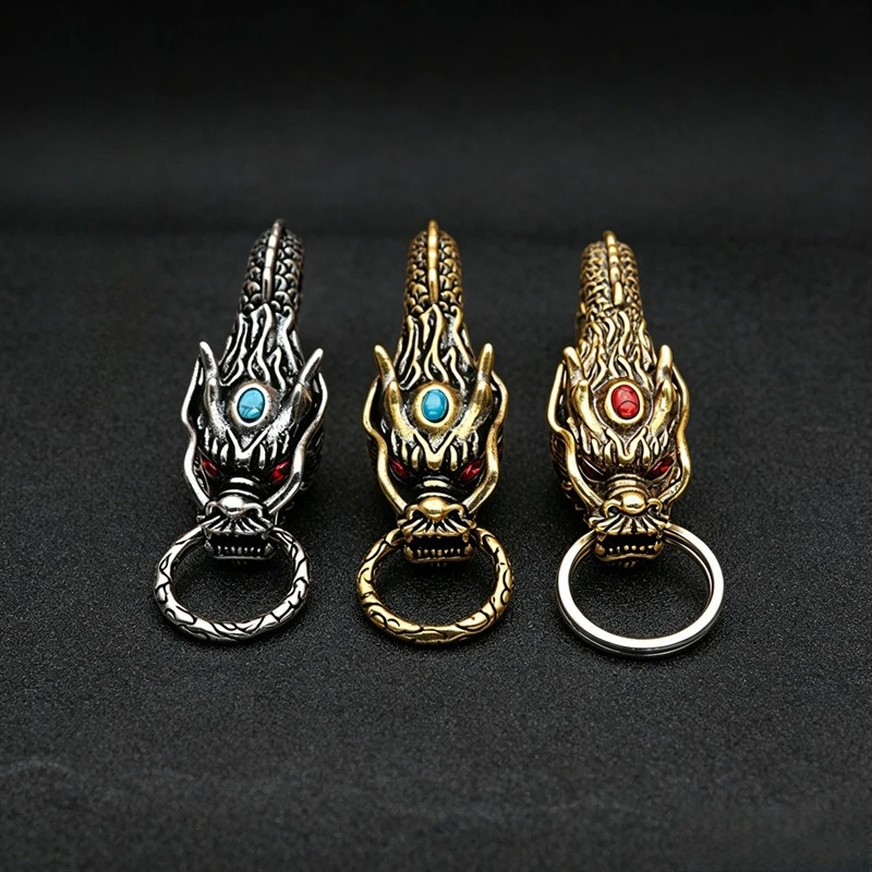 Vintage Brass Dragon Head Carabiner Keychain, Retro Metal Dragon Key Clip with Inlaid Stones for Men Gift