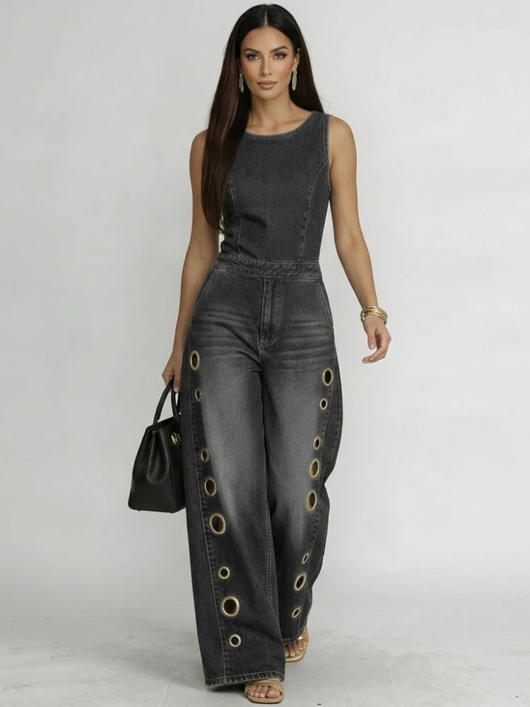 

Women's Sleeveless Round Neck Wide Leg Denim Jumpsuit Casual Streetwear Jumpsuit for Festival & Party Outfits