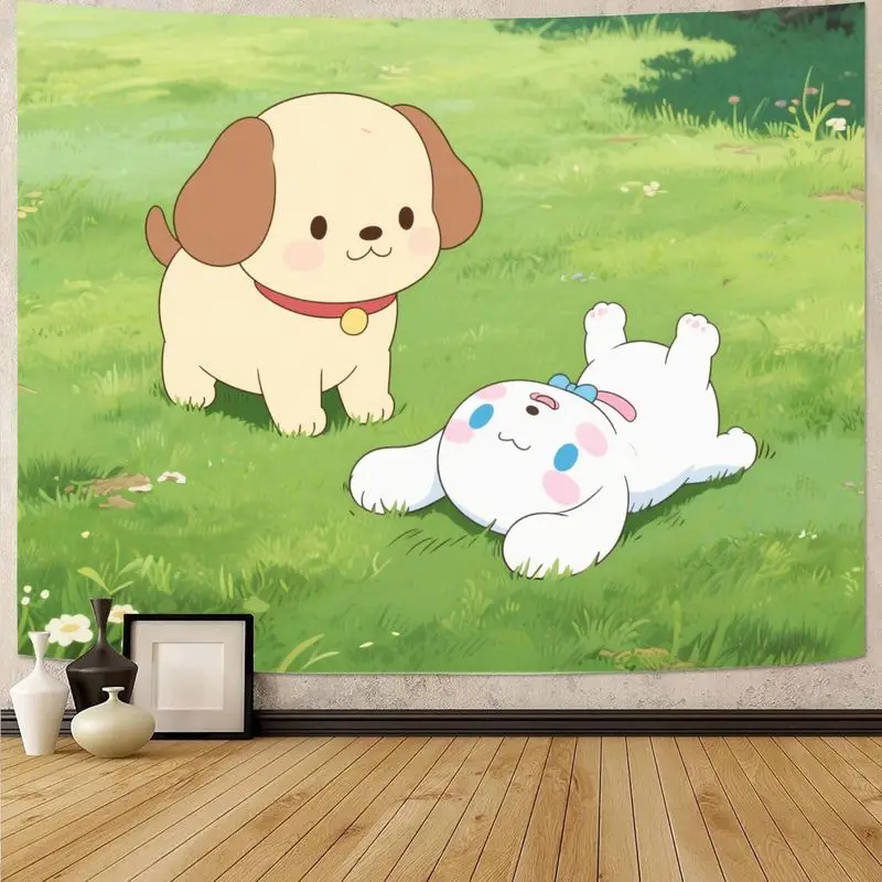 

1 шт. Kawaii Cinnamoroll и милый щенок гобелен, зеленая трава аниме настенное искусство, полиэстер спальня в общежитии, декор для гостиной, подарок для девочки