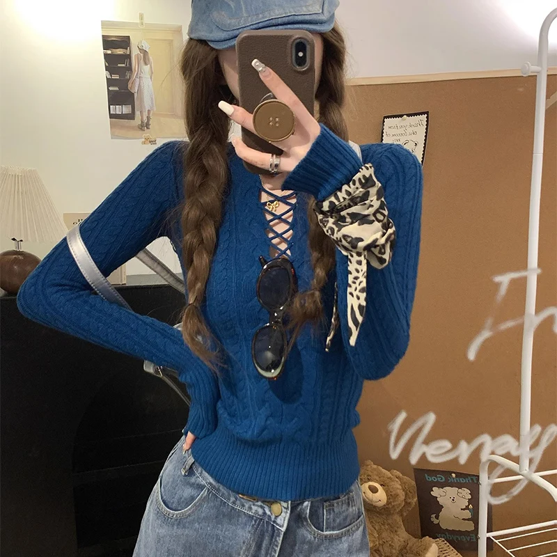 

Сексуальный ажурный вязаный свитер для женщин Y2K, эластичный утягивающий свитер, женский винтажный пикантный пуловер с длинными рукавами для девочек