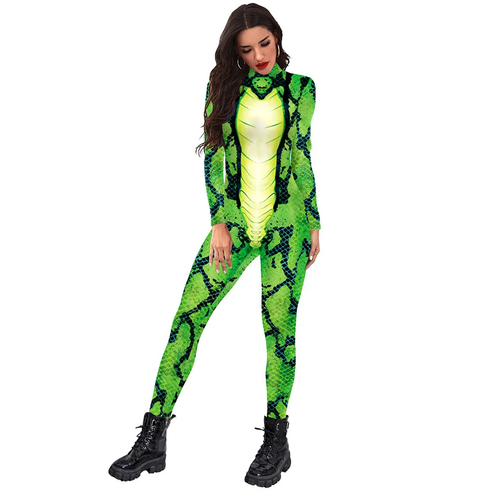 2024 Women's Animal Green Snake Pattern Jumpsuit Stage Performance Long Sleeved Tight Fitting Suit For Women