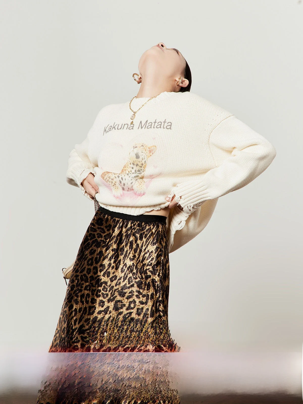 

Pink Bubble Leopard Women's Knitted Sweater Winter Casual Sle White Color Blo Loose Fit Long Sve Vintage Faion