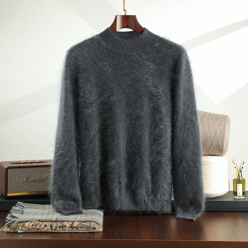 Sweater Pria Bisnis Hangat Berbahan Kasmir Halus 100% Murni, Kerah Setengah Tinggi, Tebal, Longgar, Rajutan