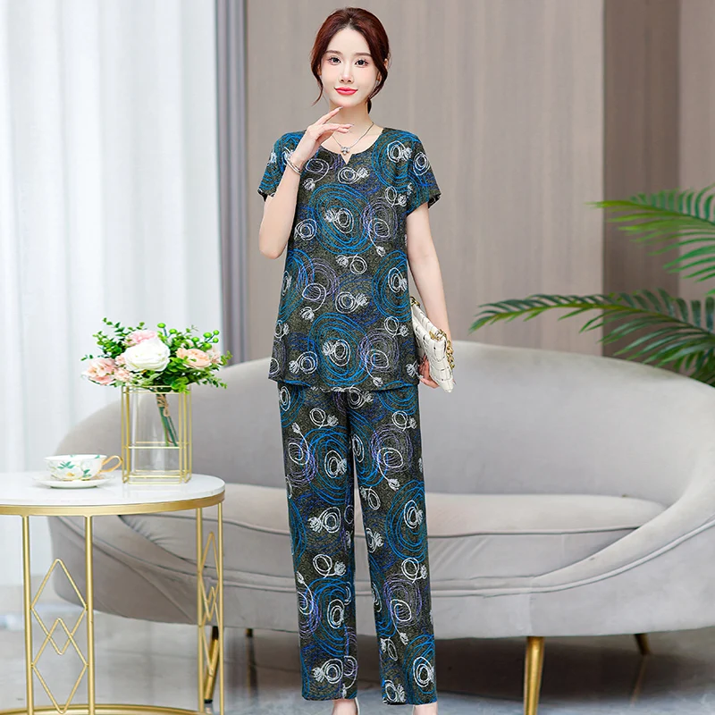 Summer Elegant Two Piece Sets for Women Blouses 2023 New Vintage Print Trouser Sets Summer Casual Middle Age Women Outfit