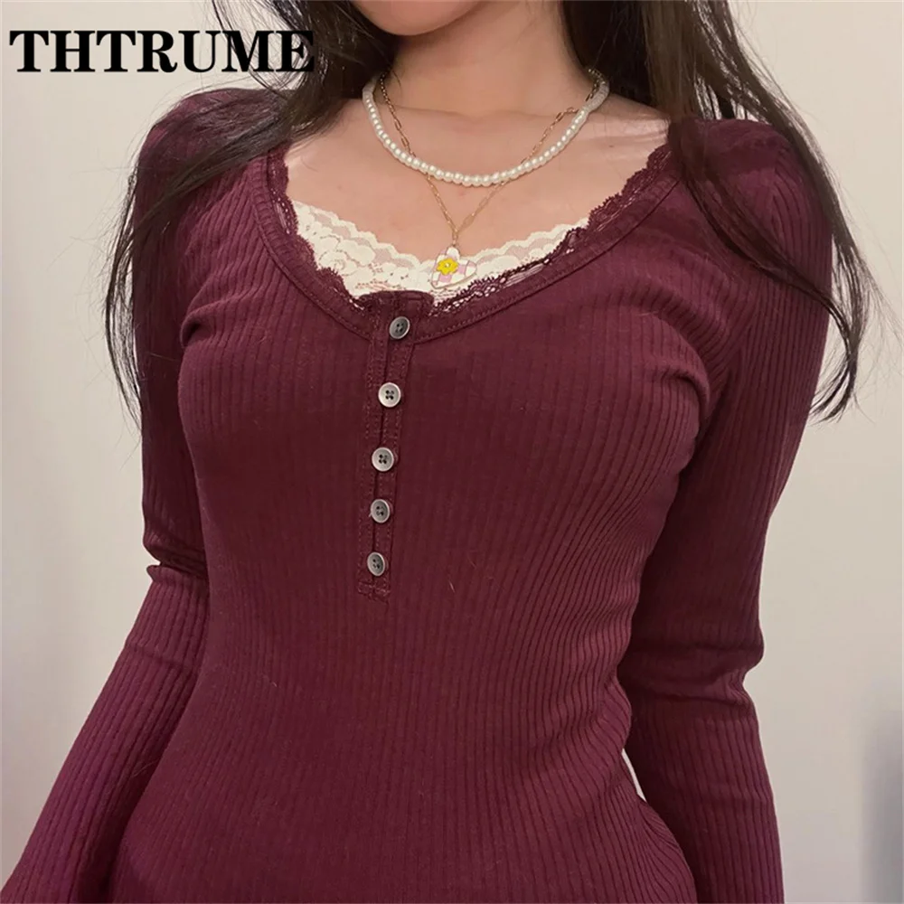 Autumn Long Sleeve Red T-Shirts Fashion Women Slim Ribbed Retro V-Neck Vintage Crop Tops Casual Communte Button Chic Lace Tees