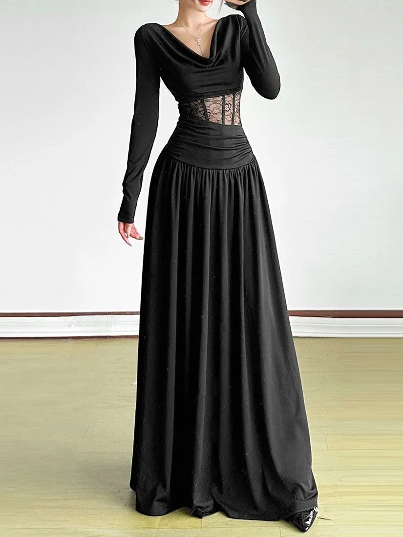 

Long Sve Hollow Lace Patchwork Dr Women's High Waist Gown Sved Sle Faionable Breathable Comfortable Fit for Par