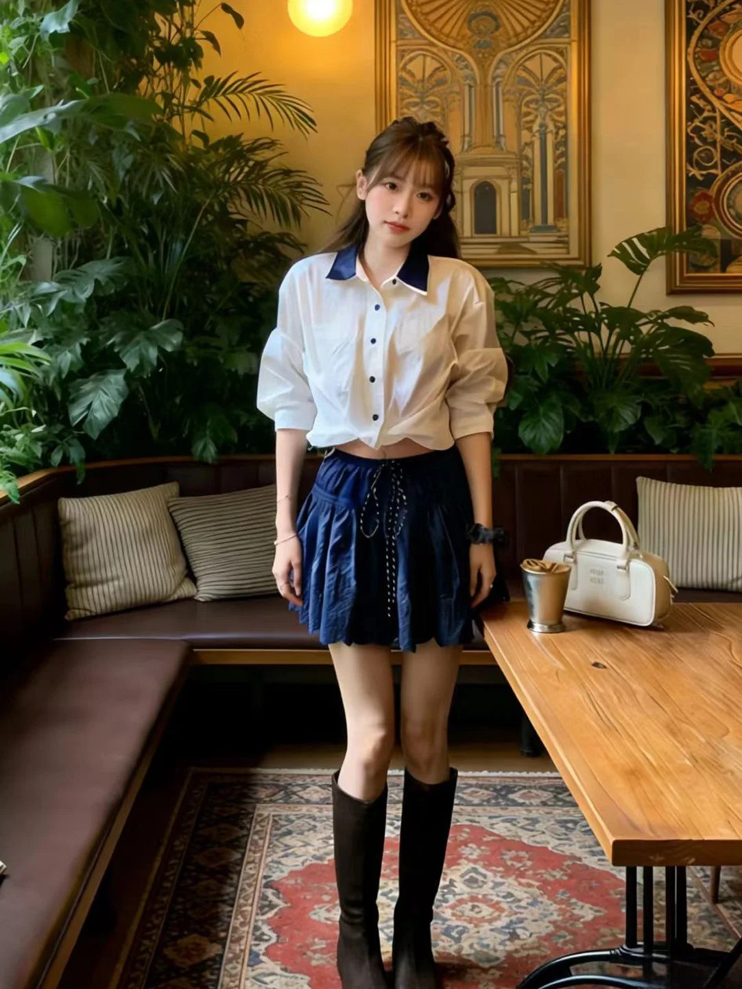 

Комплект: рубашка с длинным рукавом в академическом стиле и юбка А-силуэта. Женский модный весенний наряд с высокой талией, однотонный, для офиса.