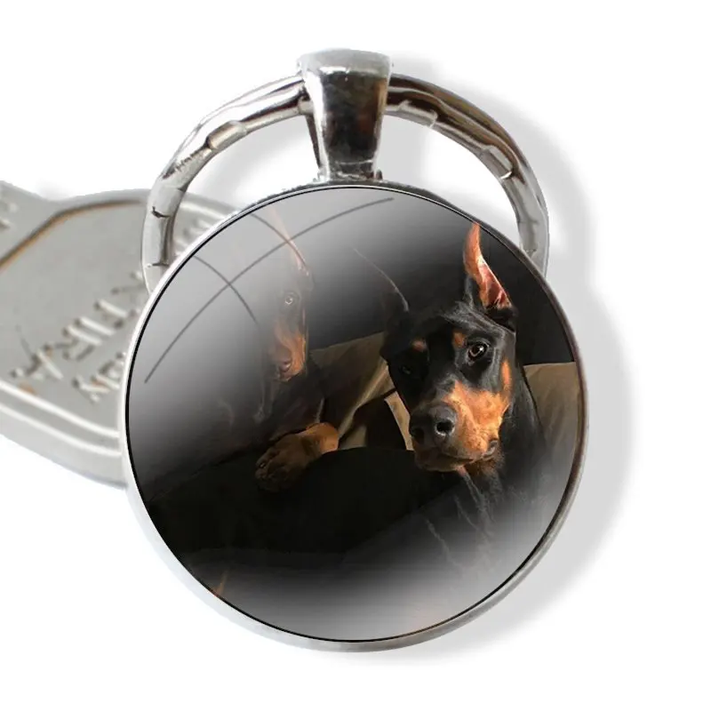 Cute Dachshund Doberman Dog Keychain Handmade Glass Cabochon Key Ring Holder Pendant Key Chains