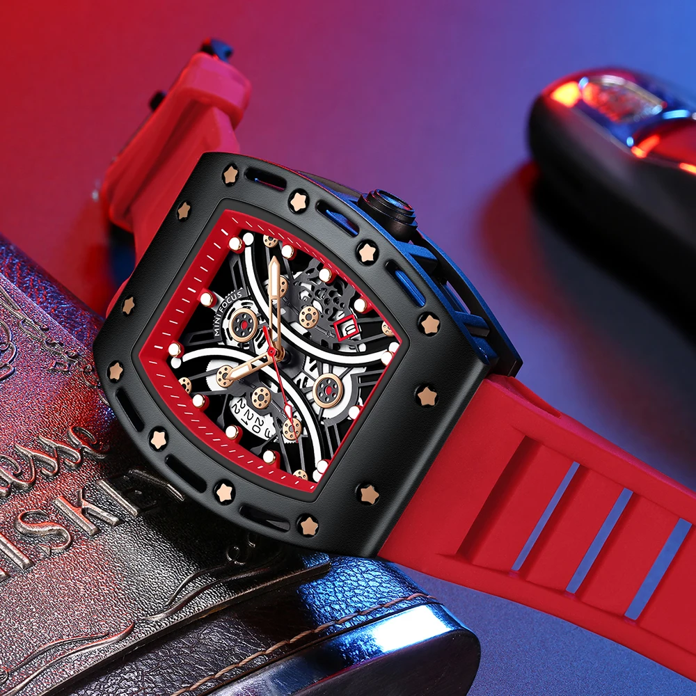 MINI FOCUS Fashion orologi sportivi per uomo calendario finestra lancette luminose cinturino in Silicone Casual rosso orologio da uomo al quarzo