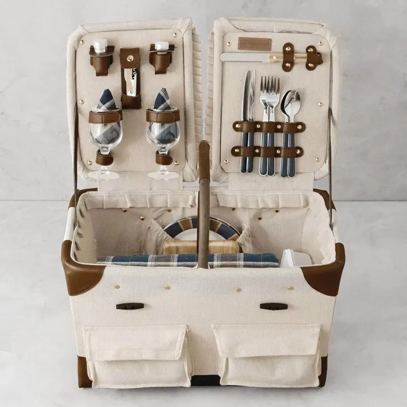 Custom Vintage Fashion Canvas Wicker Leather Picnic Basket Linen Wine Cheese Tools Tableware Glassware Tableware Outdoor Set