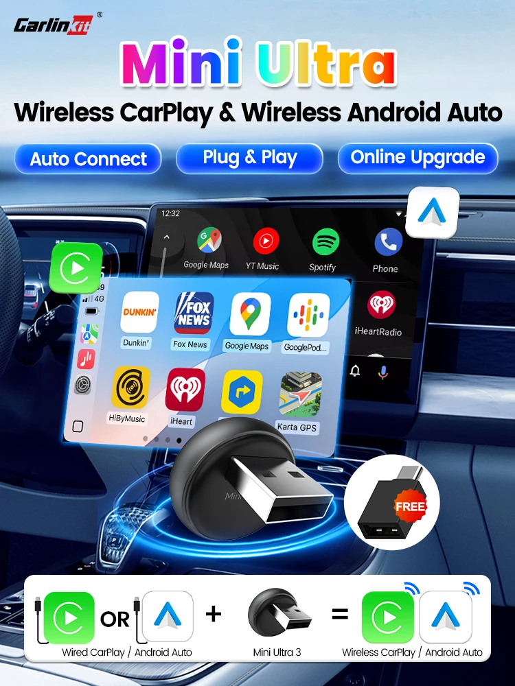 2026 CarlinKit 5.0 Mini Ultra 3 CarPlay Android Auto Wireless Adapter 2.4G&5.8GHz WiFi BLE OTA-Upgrade für OEM-Autos Plug-and-Play