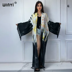 WINYI Tie-farbowany zimowy kardigan z frędzlami Afryka damska kurtka maxi Ciepłe kimono długi płaszcz puchowy Moda na Bliski Wschód abaya dubaj luksusowy