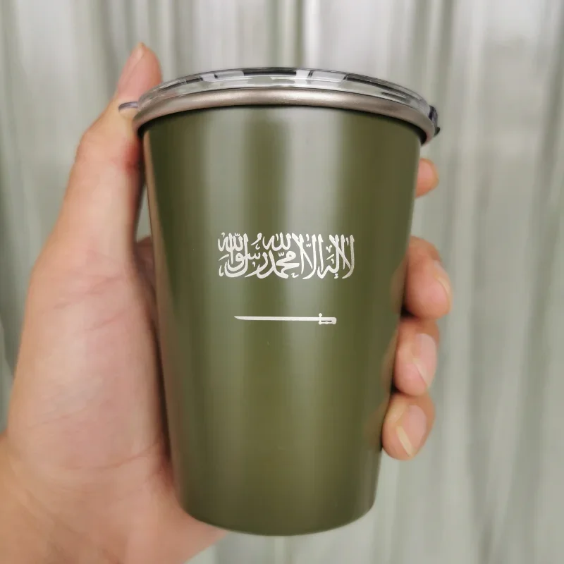 

The flag of the Kingdom of Saudi Arabia Logo Stainless Steel Cup Coffee Mug 350ml with Lid Outdoor Camping Mug Wholesale Custom