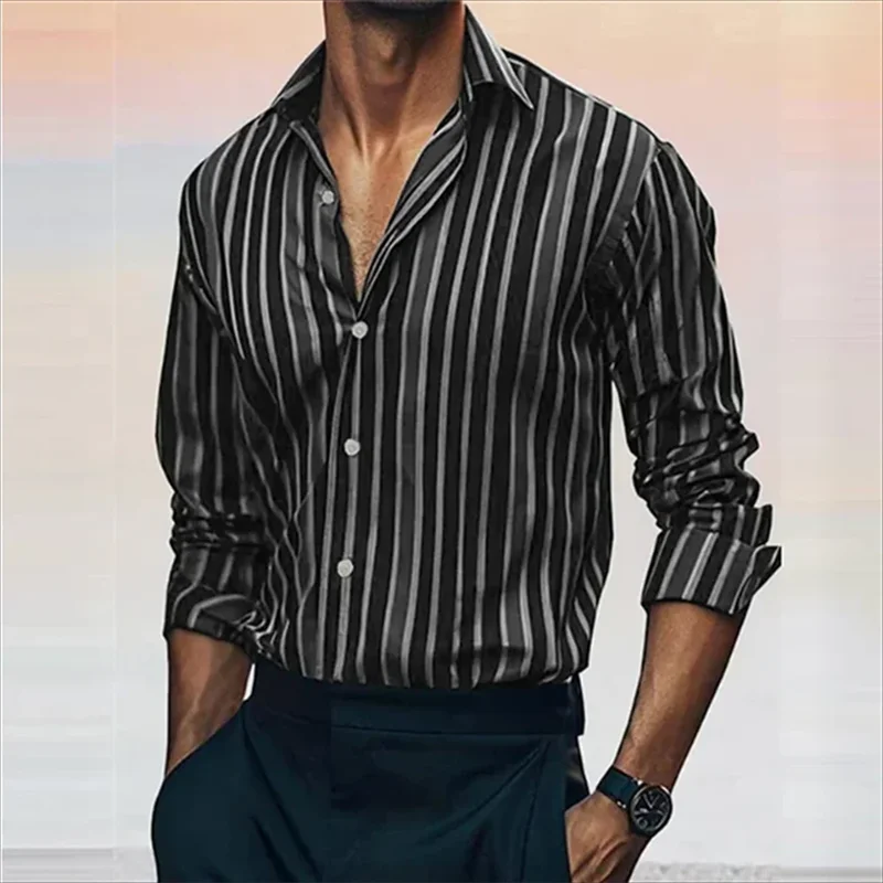 New men's shirt formal loose men's striped office solid color shirt elegant slim fit shirt