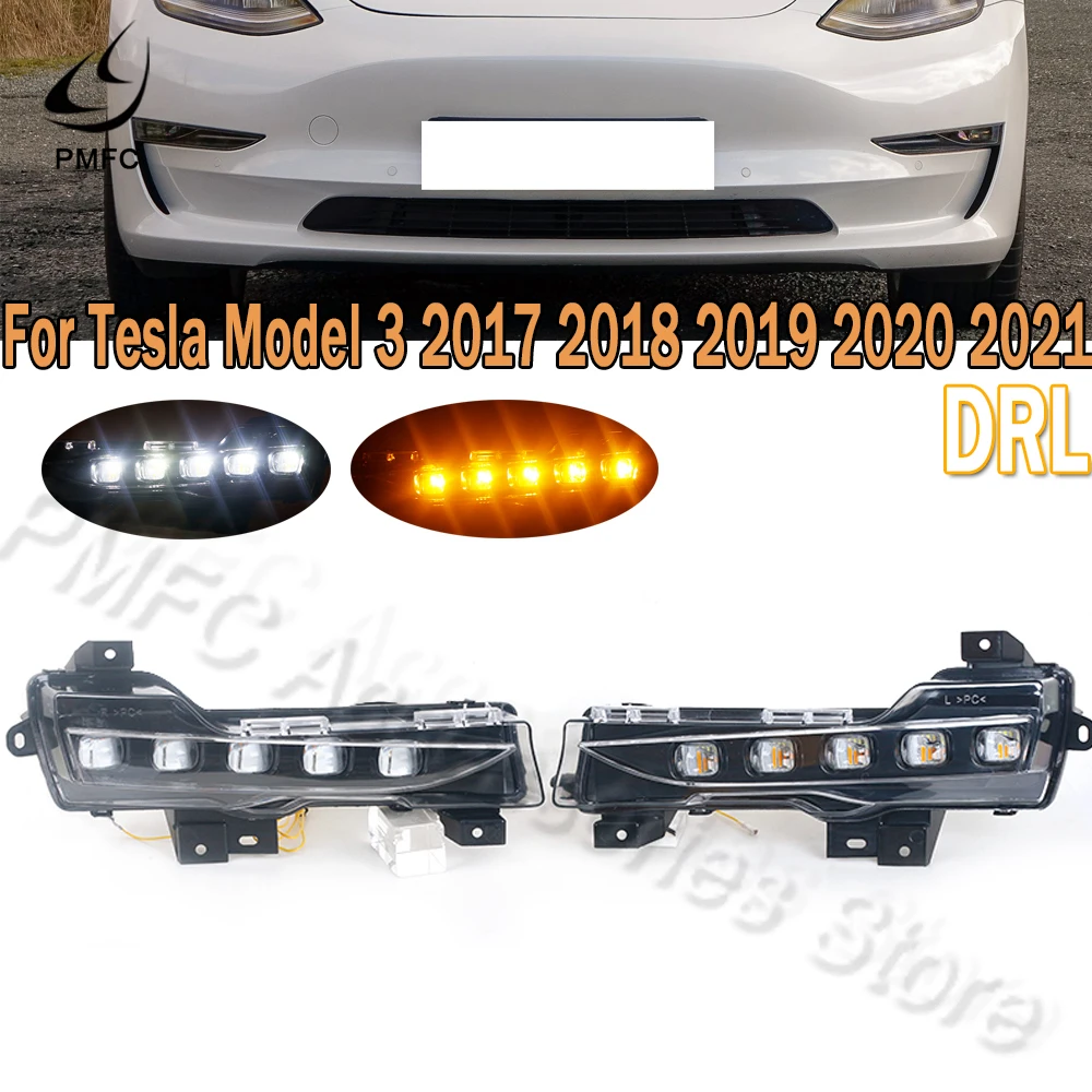 PMFC 1 Pair For Tesla Model 3 2017 2018-2021 DRL Daytime Running Lights LED Daylight Fog Lamp Turn Signal Light White Yellow