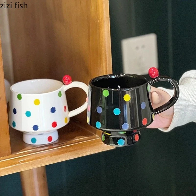 Creative Colored Polka Dot Ceramic High Legged Mug Office Coffee Mug Milk Cup Beverage Cup Household Breakfast Cup Water Cups