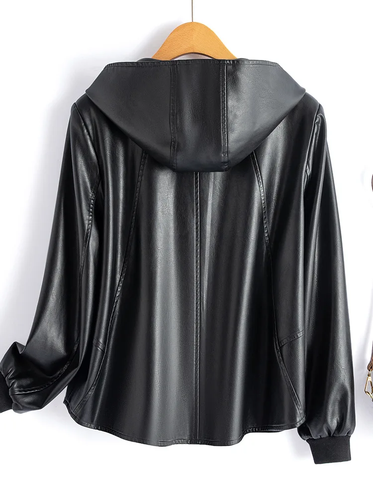 Spring and Autumn New Korean Style Leather Jacket Women's PU Leather Wide Edition Hooded Leather Jacket Casual Zipper Coat