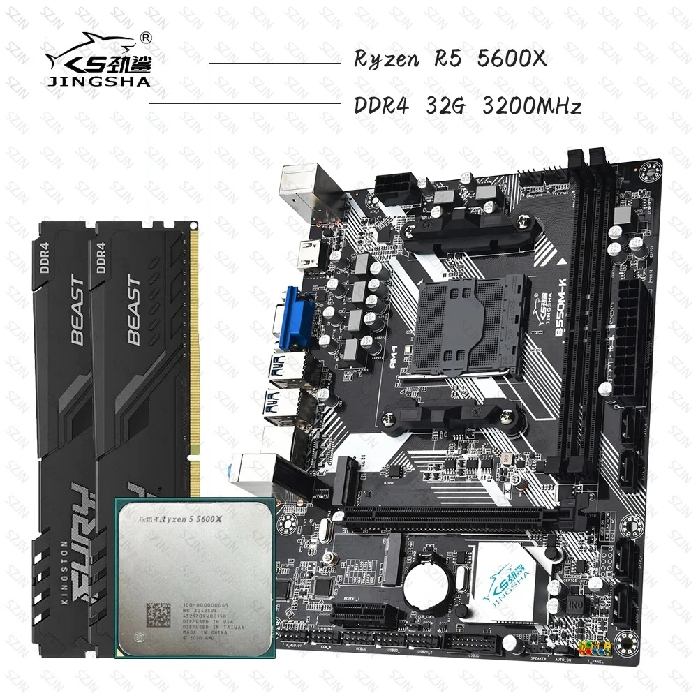 مجموعة اللوحة الأم JINGSHA B550 Ryzen 5 5600X DDR4 32GB 3200MHz تدعم NVME M2 4 Sata مجموعة الألعاب