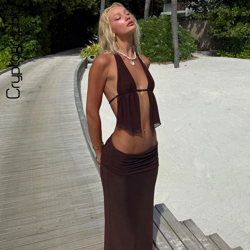 

Cryptographic Fashion Sexy Draped Dress Sets Club Outfits Backless Lace Up Top and Skirt Co-ords Set Summer Vacation Clothes