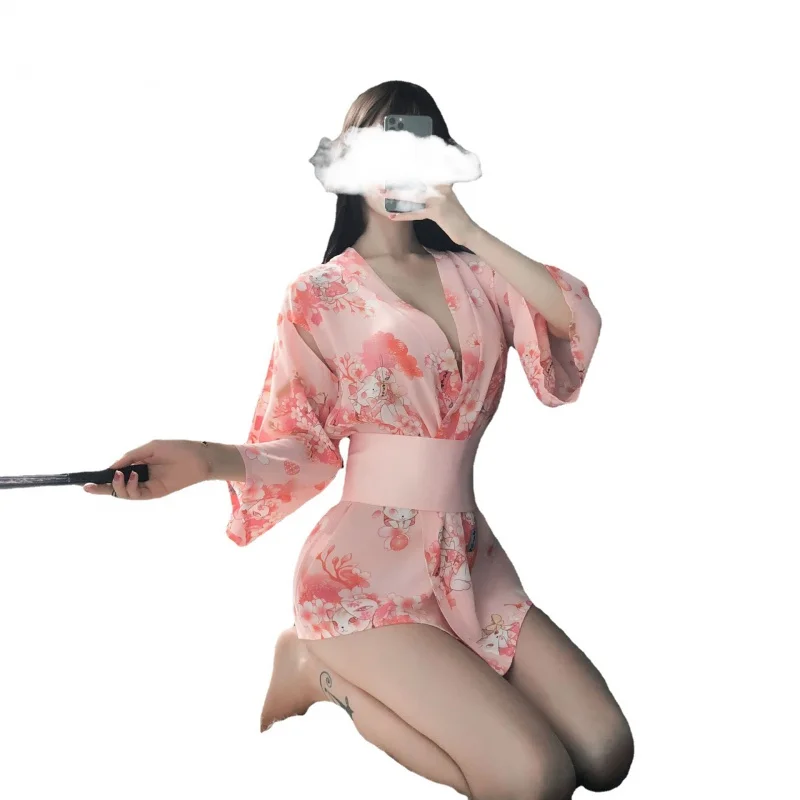 Women's Printed Kimono Bathrobe, Sexy Lingerie, Cat Bow