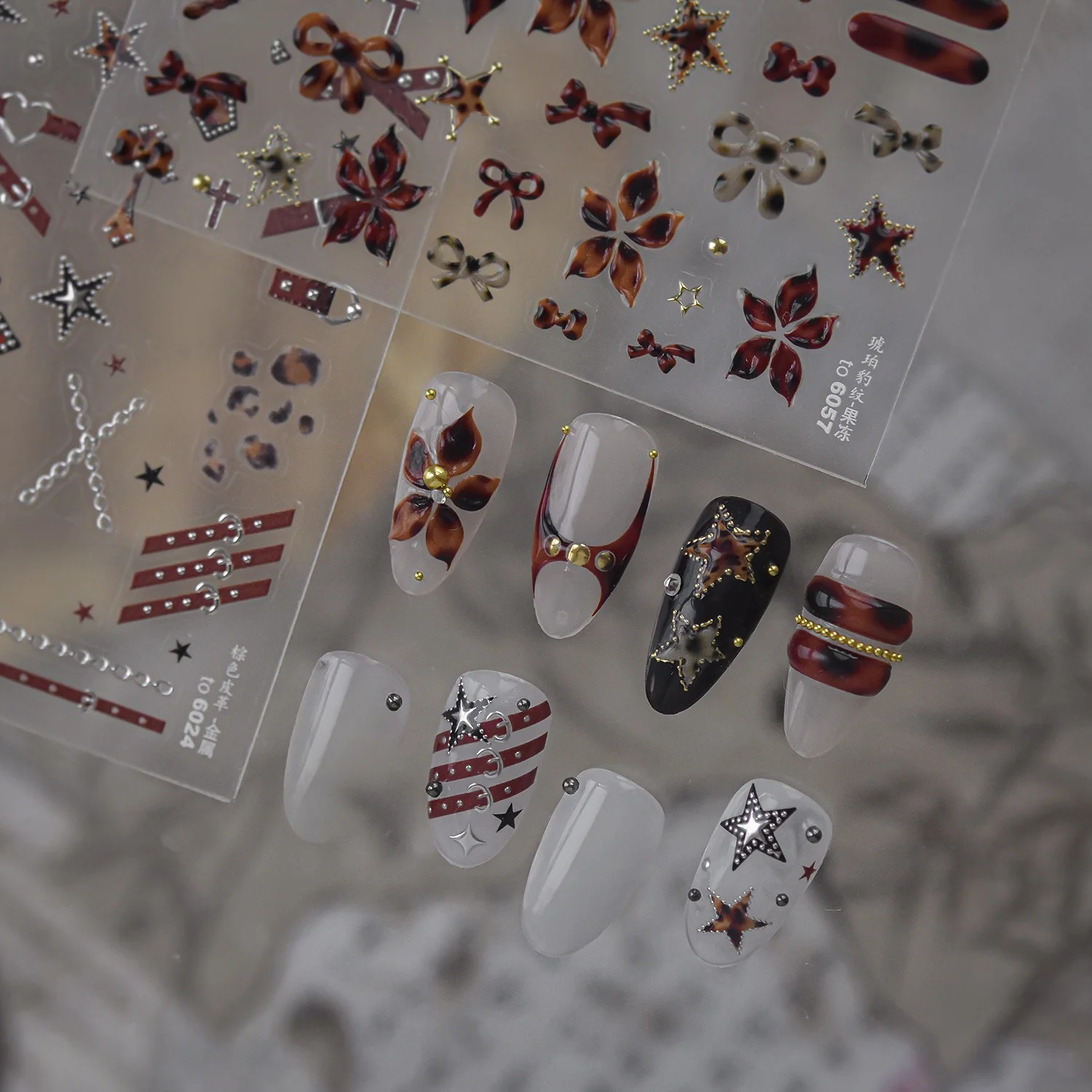 Tortoiseshell Amber Bowknot Five‑Petal Flower Star Bat Devil Horn Gold Dot Rivet Long Strip 5D Autumn Gothic Nail Art Stickers