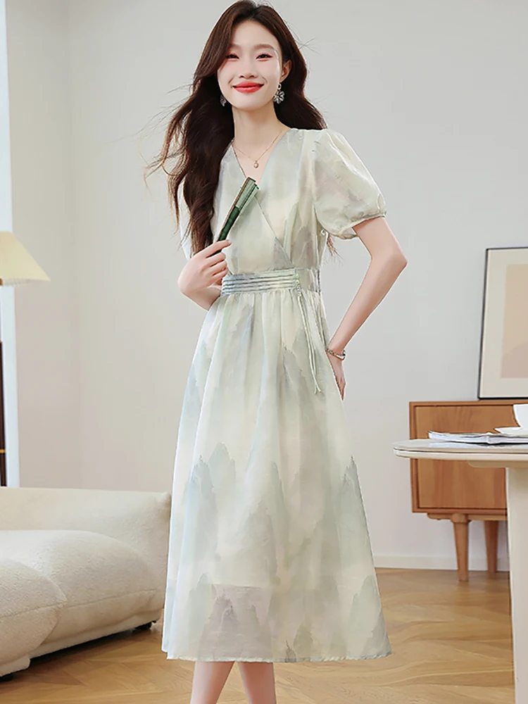 Women Print Short Sleeve V-Neck Casual Long Dress Summer Korean Bodycon One Piece Dress 2025 Elegant Luxury International Dress