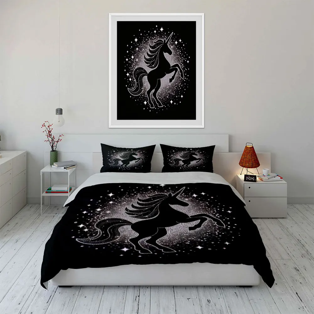

Unicorn Glitter Decor Set Bedding Set with 1 Duvet Cover 2 Pillowcases Single Double King Queen, Gift