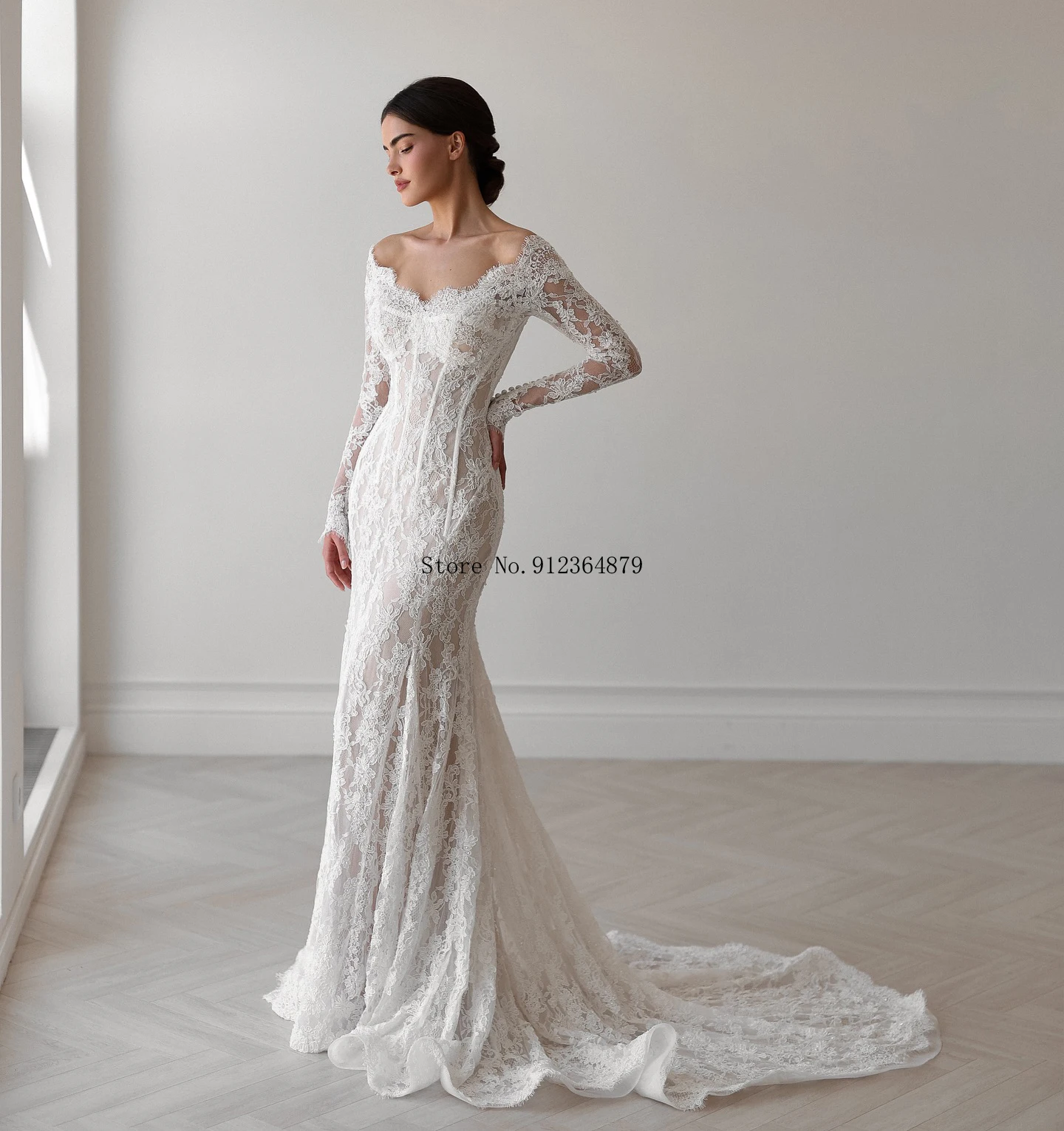 Vestido de novia elegante personalizado, vestido de novia de sirena de encaje con cola de catedral y velo, detalles de encaje, vestido de novia para novias